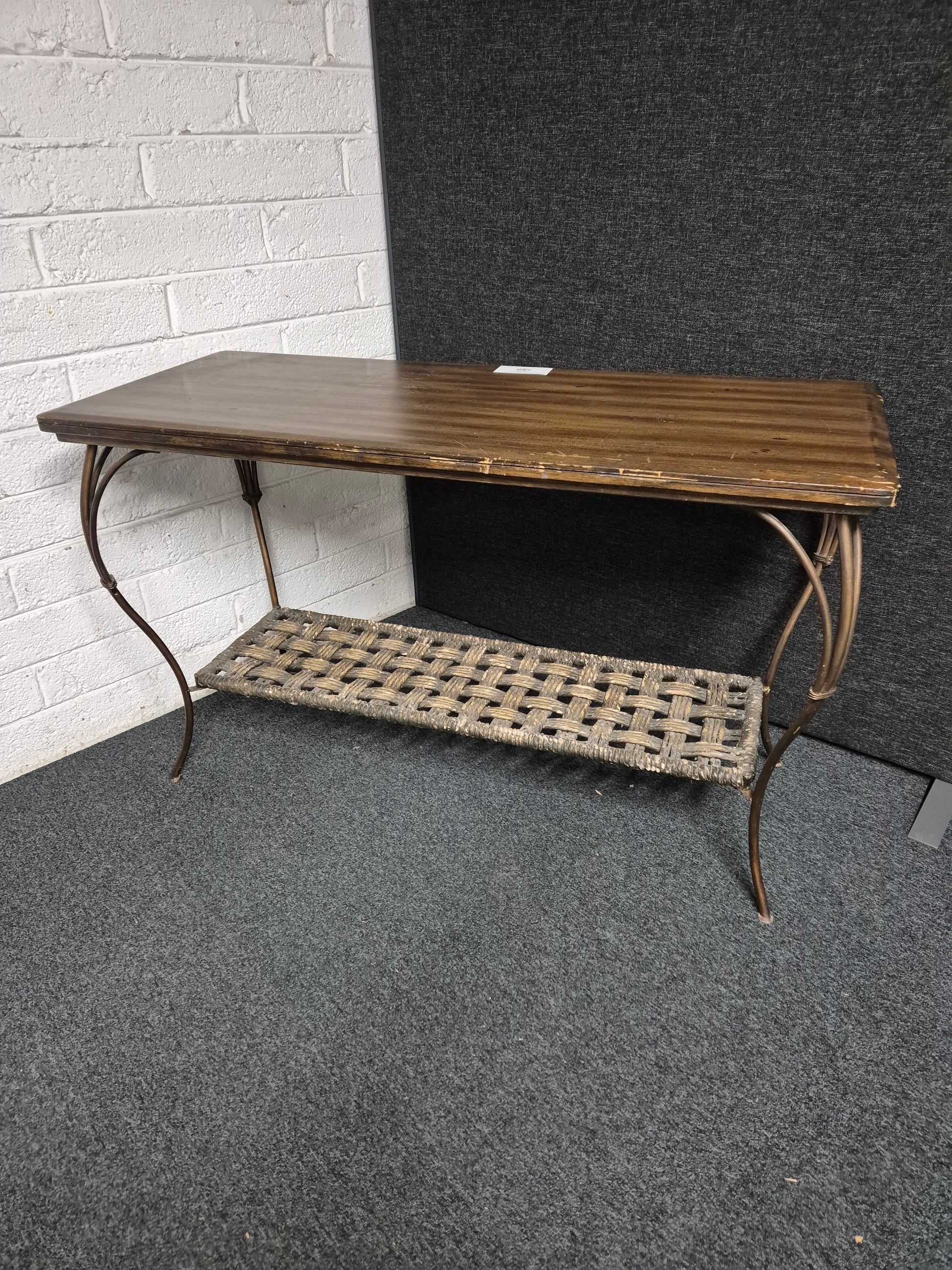 Large stained wood laminate and rattan console table ( H780 x W 1300 x D 520 mm) 3125