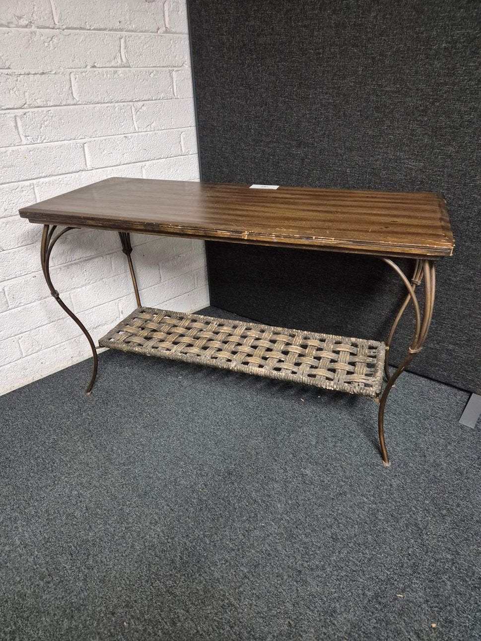 Large stained wood laminate and rattan console table ( H780 x W 1300 x D 520 mm) 3125