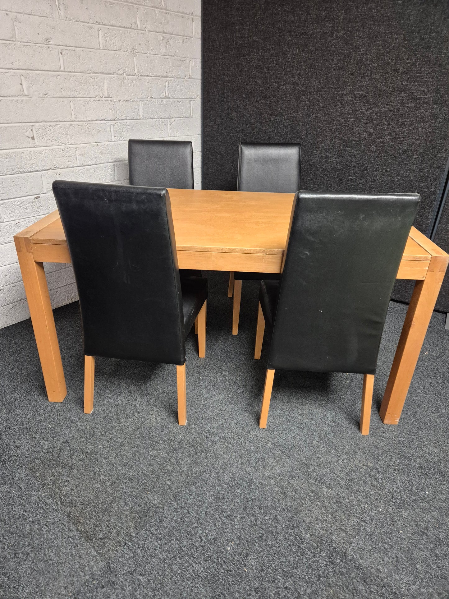 Solid Wood dining table (H 760 x W 1500 x D 900 mm) with 4 no. high back black leatherette dining chairs 3125