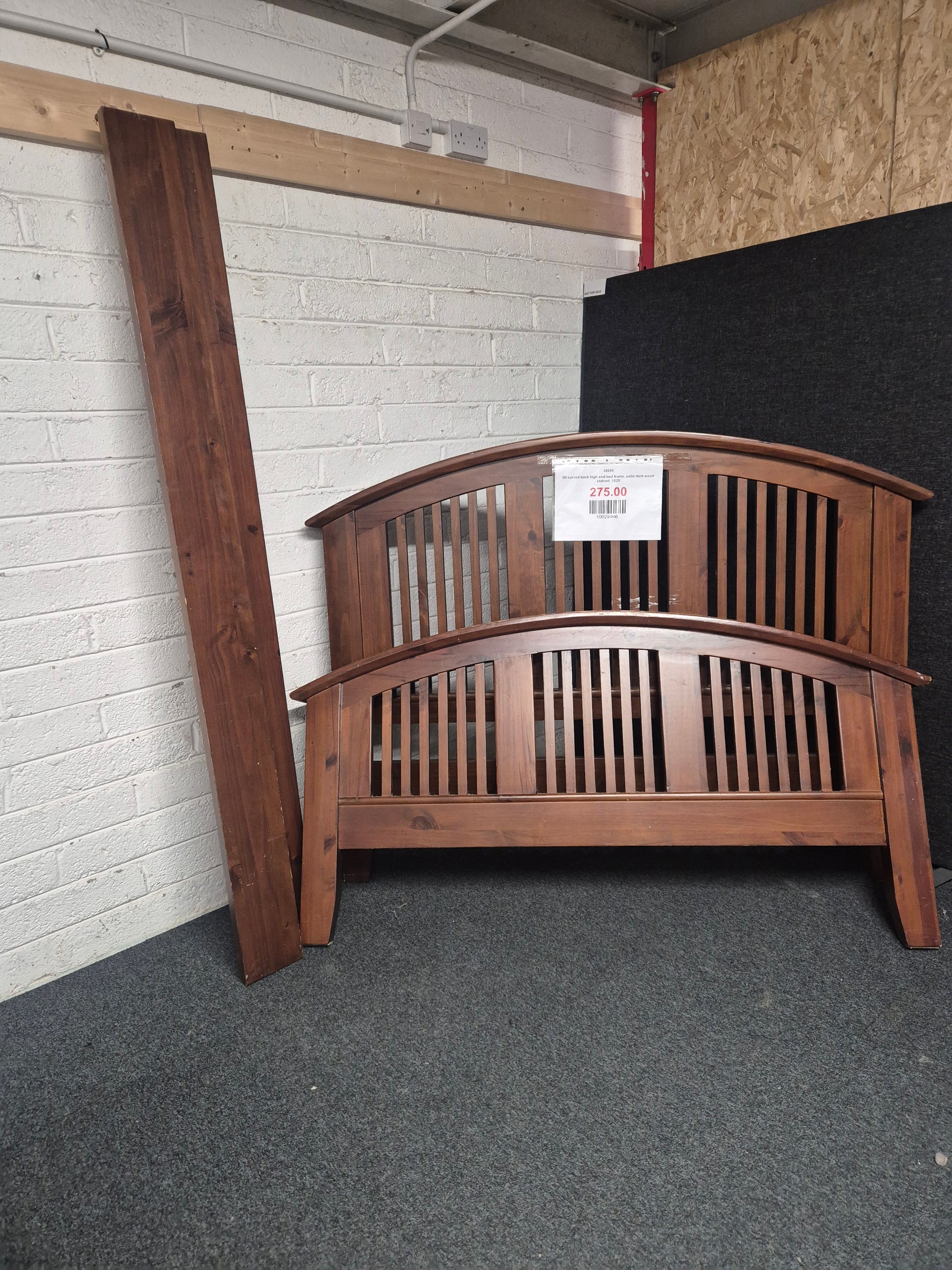 5ft curved back high end bed frame, solid dark wood stained  1225