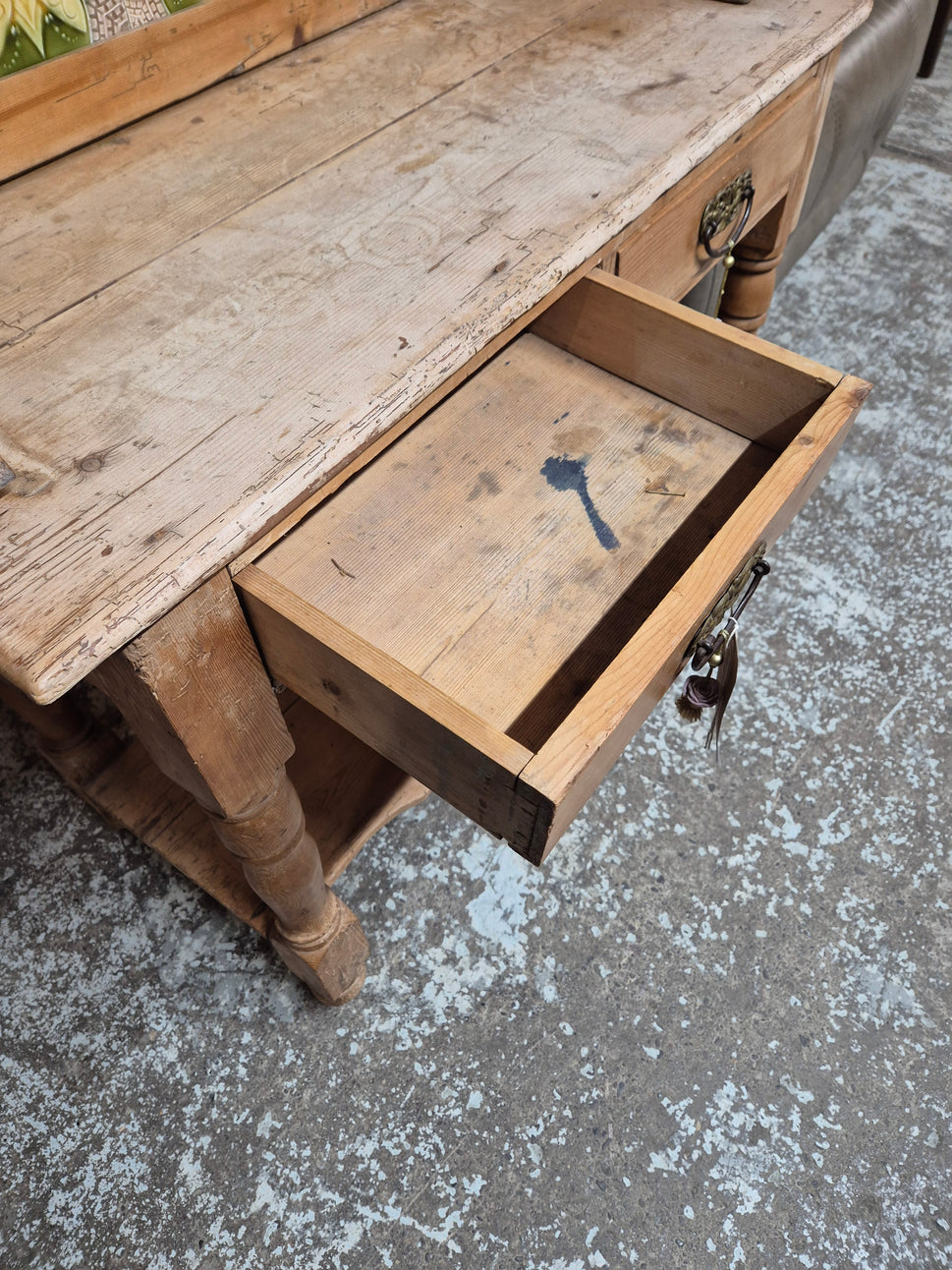 Pitch pine wash stand with green and yellow tiled splashback and drawers H 970 x W 960 x  D 420 mm 2125