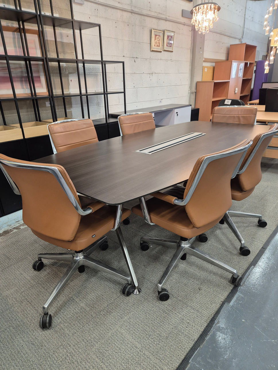 Wenge laminate barrell boardroom table with polished metal central base 2400Lx1200W*740H