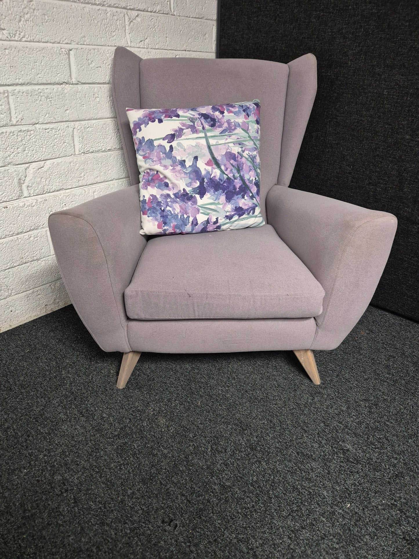 Purple fabric wing back armchair  1225
