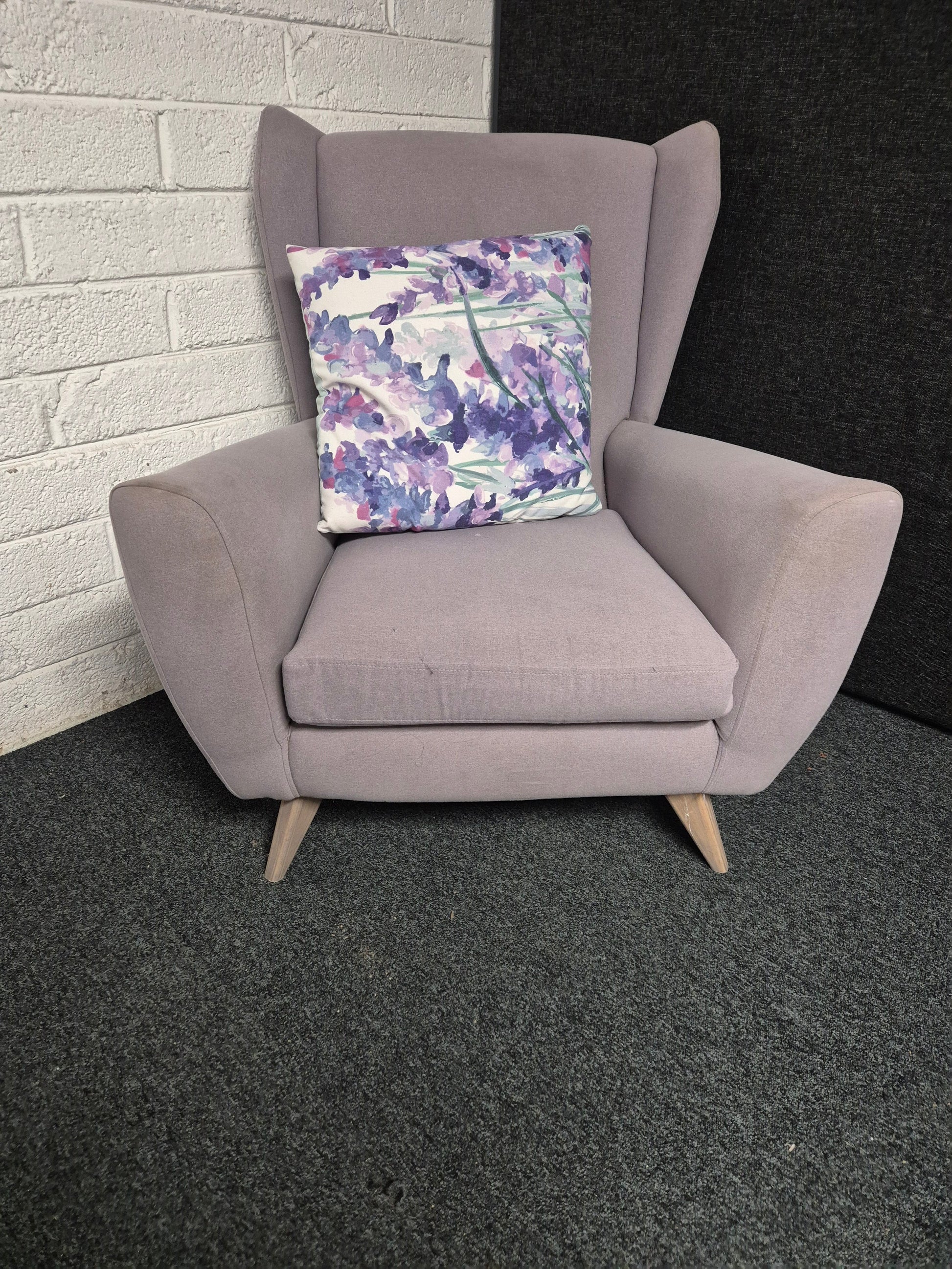 Purple fabric wing back armchair  1225