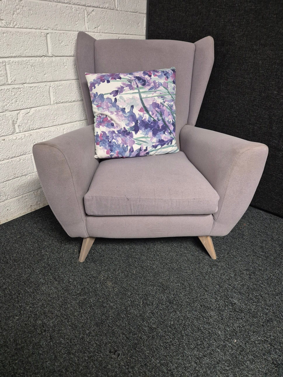 Purple fabric wing back armchair  1225