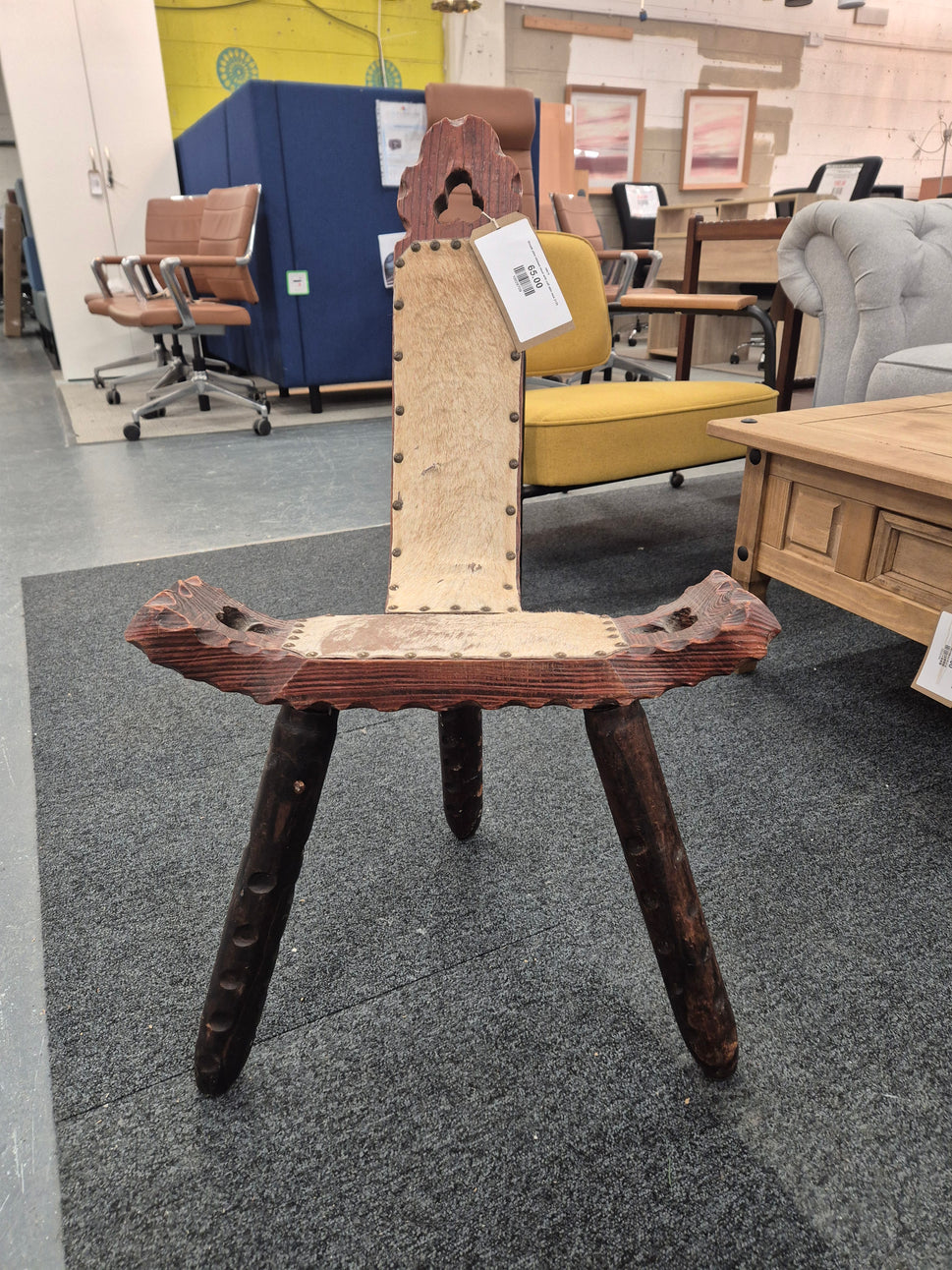 Ornate pine stained stool with calf skin seat 2125