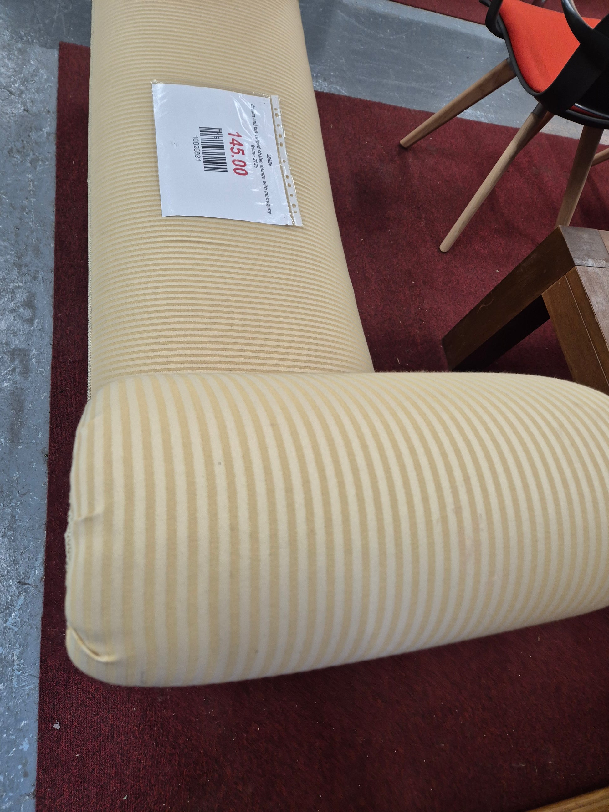 Cream and tan striped chaise lounge with mahogany frame 2125