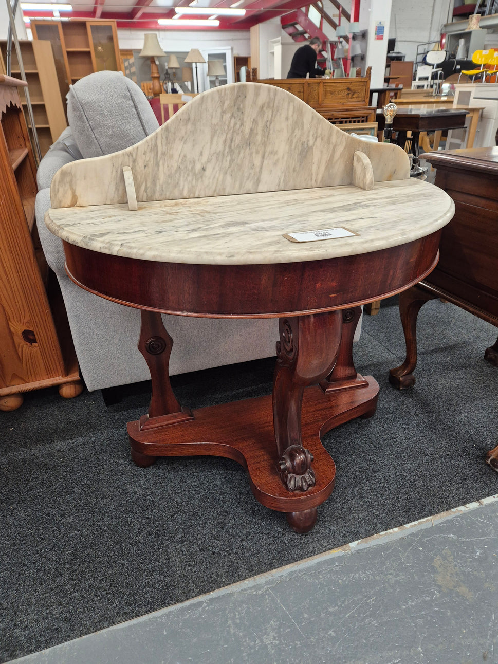Ornate white marble half moon console table with upstand with mahogany base H 970 x W 620 x D 430 mm 2125