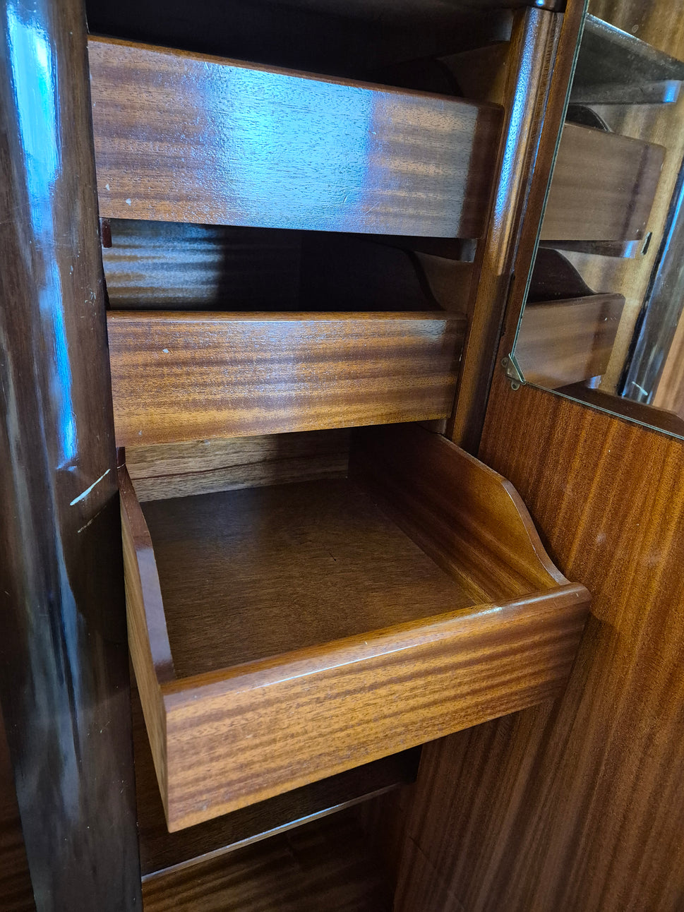 Tall mahogany stained 2 door gentlemans wardrobe with internal shelves