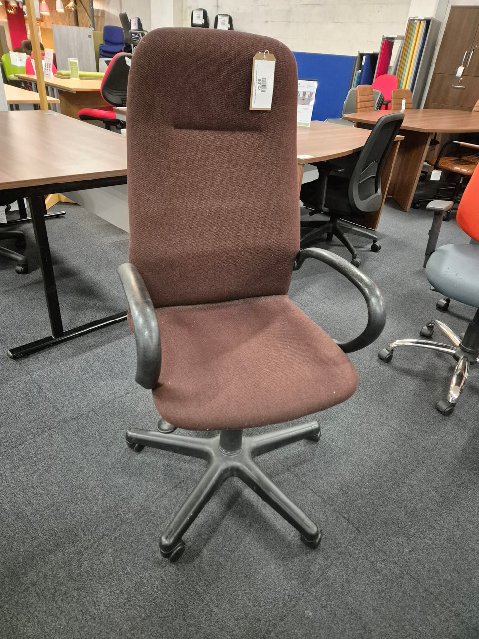 High back brown fabric exce swivel chair with loop arms