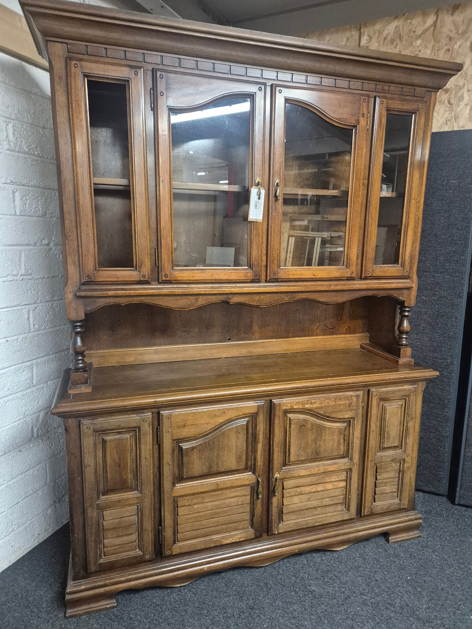 Solid wood dark stained 2 glass door kitchen dresser with base storage (H 2000 x W 1540 x D 430 mm) 1225