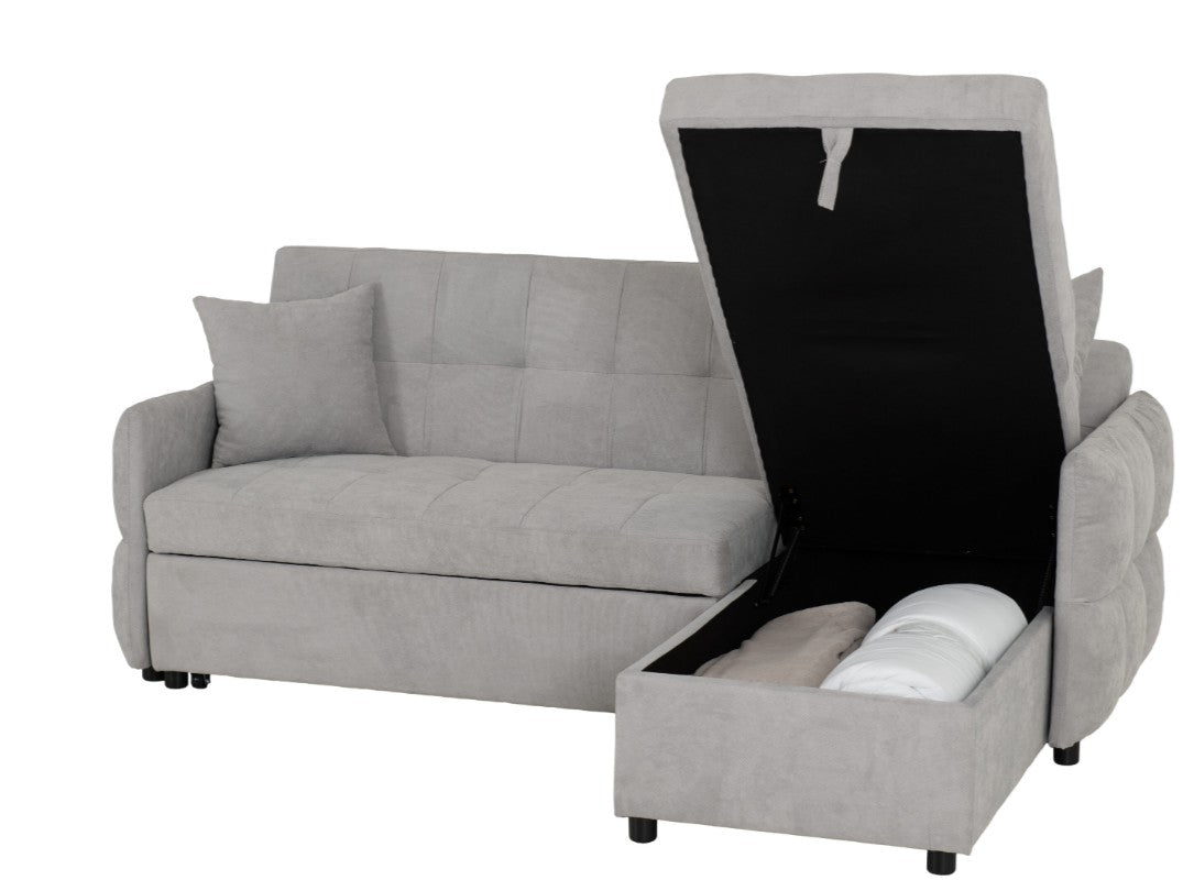 NEW Chelsea corner sofa bed suite in silver grey fabric. 212Wx140Dx88H