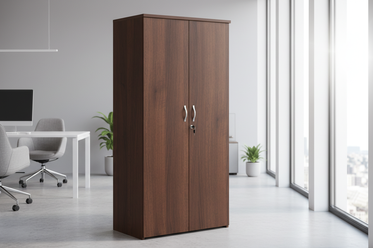 NEW Walnut 2 door tall storage unit with key and shelves. 179Hx80Wx47D. Price inc VAT. IN WALNUT ONLY