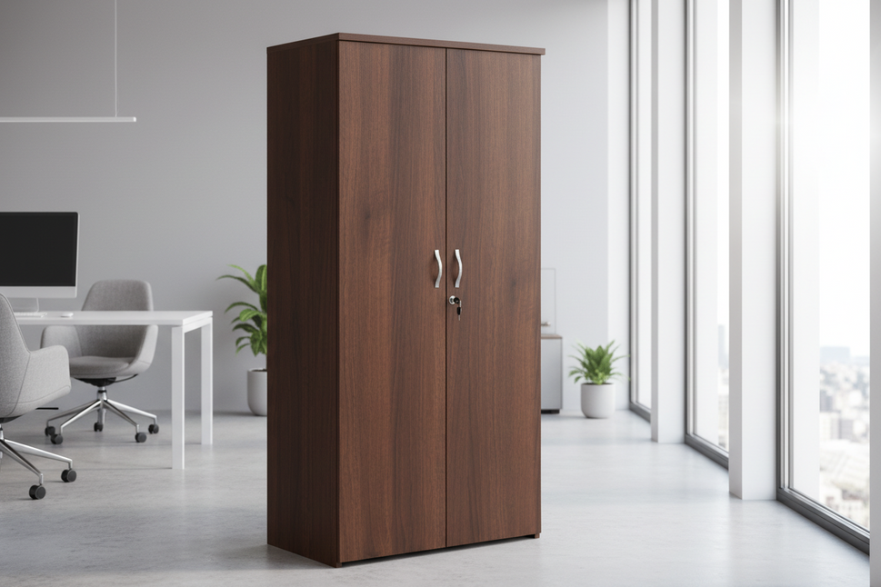 NEW Walnut 2 door tall storage unit with key and shelves. 179Hx80Wx47D. Price inc VAT. IN WALNUT ONLY